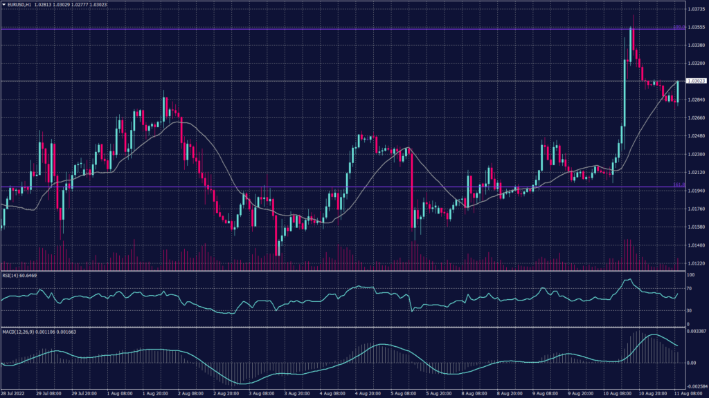 EURUSD shows the hourly chart fluctuations seem to tend to push the pair up to yesterdays high after bouncing from 1.0280.