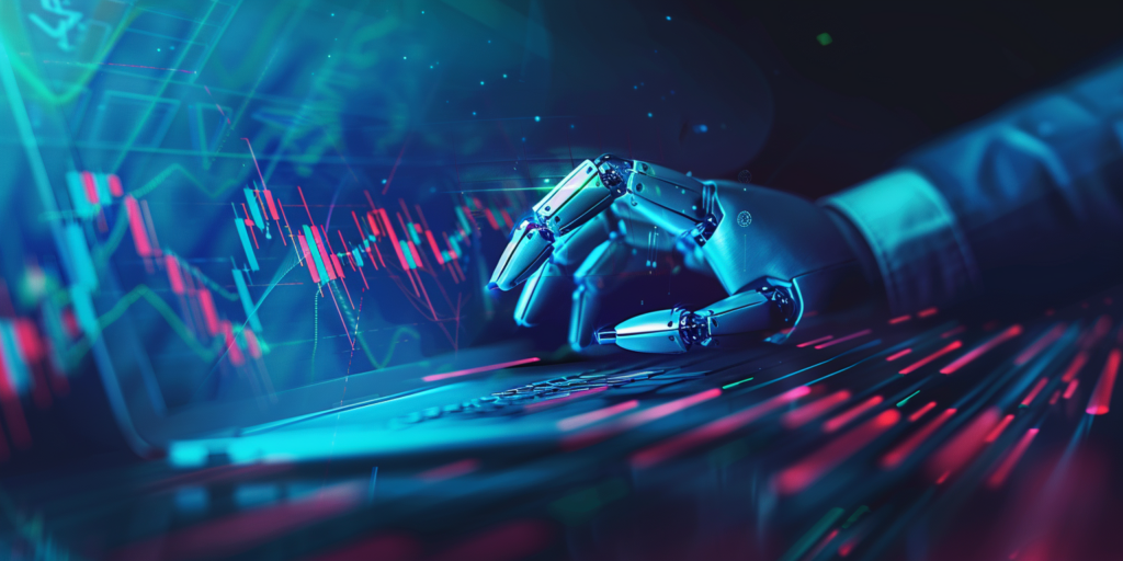 A hand of a robot using a laptop overlayed with financial market charts